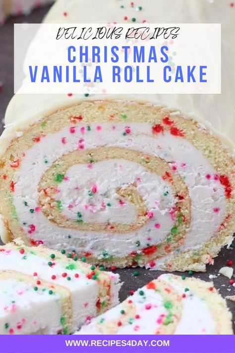 Christmas Vanilla Roll Cake Christmas Vanilla Roll Cake, Vanilla Roll Cake, Christmas Cake Roll, Moist Gingerbread, Yule Log Recipe, Swiss Roll Cake, Carrot Cake Cookies, Cake Roll Recipes, Log Cake