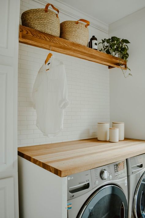 Neutral Laundry Room Remodel | House On Longwood Lane Butcher Block Countertops Laundry Room, Subway Tile Laundry Room, Neutral Laundry Room, Top Loader Laundry Room, Mud Room Laundry Room Combo, Laundry Room Combo, Laundry Room With Sink, Landry Room, Laundry Shelves