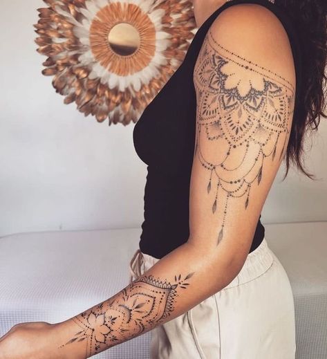 #CoolTattoos #TattooArt #InkMaster #TattooDesigns #InkedUp #TattooLovers #InkInspiration #TattooIdeas #CreativeInk #TattooStyle Mandala Tattoo Sleeve Women, Lace Shoulder Tattoo, Sleeves Tattoos, Lace Sleeve Tattoos, Mandala Arm Tattoos, Mandala Tattoos For Women, Cuff Tattoo, Tattoos To Cover Scars, Hand And Finger Tattoos