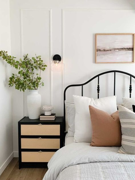 iron bed frame next to a black nightstand with caned drawers made from the IKEA RAST nightstand Ikea Bedroom Black, Black Metal Bed Frame Bedroom Ideas, Metal Bed Frame Bedroom Ideas, Iron Bedframe, Apt Aesthetic, Black Iron Beds, Ikea Nightstand, Cool Bed, California Apartment