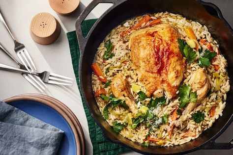 Chicken in a Pot with Lemon Orzo Chicken In A Pot, Carrots Chicken, Orzo Recipe, Lemon Orzo, Orzo Recipes, Chicken Orzo, Citrus Chicken, Nigella Lawson, Chicken And Rice