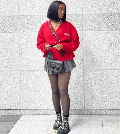 Red And Black Preppy Outfits, Red Dinner Outfits Black Women, Grey Mini Skirt Outfit Black Women, Plus Size Bonfire Outfit, Knit Sweater Outfit Black Women, Easter Looks For Black Women Outfits, Valentine’s Day Outfit Ideas Black Women, Tailgate Outfit Black Women Fall, Red Outfit Inspo Black Women