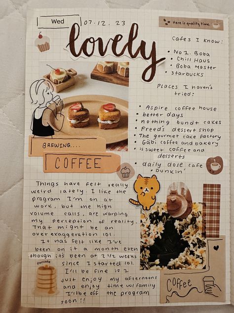 Aesthetic journal with brown colors and a coffee theme Coffee Aesthetic Journal, Brown Theme Journal Ideas, French Journal Aesthetic, Food Journal Aesthetic, Coffee Journal Aesthetic, Beige Aesthetic Journal, Coffee Scrapbook Ideas, Brown Journal Aesthetic, Coffee Journal Ideas