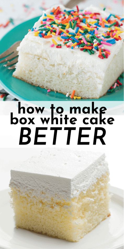 Find out why people have called this easy white cake “the best cake they have EVER had”! Be prepared for tons of compliments when you make this! Follow my easy hacks to make a box cake taste homemade and you’ll be shocked how good it is! Box White Cake Taste Like Bakery, Best White Cake From A Box Cake Mixes, Cakes Using White Cake Mix Boxes, What To Do With White Box Cake, Sheet Cake From Box Cake, White Box Cake Mix Recipes Ideas, Birthday Cake Sheet Cakes, White Cake Recipe Using Box Cake, White Box Cake Mix Hacks