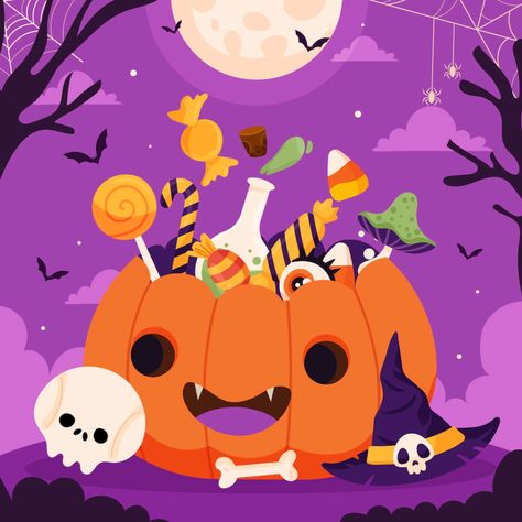 Halloween Illustration Wallpaper, Halloween Pumpkin Illustration, Halloween Illustration Cute, Flat Art Illustration, Halloween Illustration Art, Halloween Imagenes, Cute Halloween Illustration, Seasonal Illustration, Halloween Animation