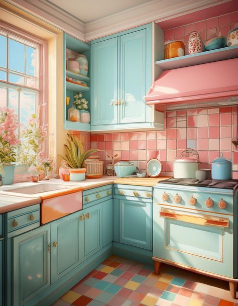 Retro Pastel Kitchen Corner 1920s Kitchen Vintage, Vintage Pastel Aesthetic, Pastel Color Kitchen, Family Photos Wall, Healing Room Ideas, Photos Wall Decor, Small Theatre Room, Small Theatre Room Ideas, Theatre Room Ideas