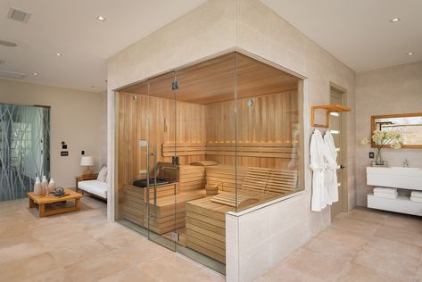 Beautiful Finnleo custom-cut sauna in a home wellness room. #health #wellness #wellbeing #sauna #homesauna #modernsauna #customsauna #saunadesign #bathinspo #homeinspo Home Spa Room, Wellness Room, Indoor Sauna, Traditional Saunas, Sauna Design, Outdoor Sauna, Sauna Room, Spa Design, Spa Room