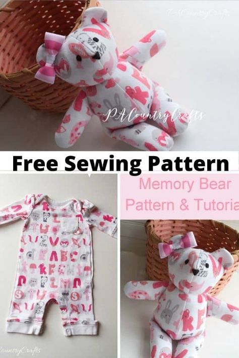 Mini Bear Sewing Pattern Free, Onesie Bear Pattern, Remembrance Teddy Bear Pattern, Tee Shirt Memory Bear, How To Make A Memory Bear From A Shirt, Fabric Bear Pattern, Easy Sew Teddy Bear Pattern, Making A Bear Out Of A Shirt, Memory Fox Pattern Free