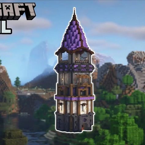 Are you searching for something mysterious and full of magic? Then why not try this enchanting amethyst tower? The interior and roof of this tower are made out of amethyst blocks with a unique shine to them. You can also add different lighting to this! With enough customization, I'm sure it'll turn out more beautiful! Try it out now! Amethyst House Minecraft, Enchanting Area Minecraft, Minecraft Tower Roof, Minecraft Tower Ideas, House Ideas For Minecraft, Enchanting Room Minecraft, Ideas For Minecraft, Tower Minecraft, Minecraft Roof