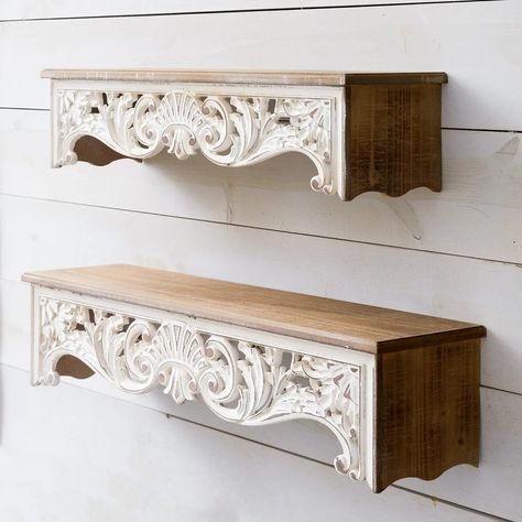 Fleur-De-Lis Shelves, Cream (Set of 2) - Faire Shabby Chic Office Decor, River House Decor, Shabby Chic Office, Farmhouse Style Living Room, French Country Living Room, Farmhouse Shelves, Shabby Chic Room, Wholesale Home Decor, Cottage Living Rooms