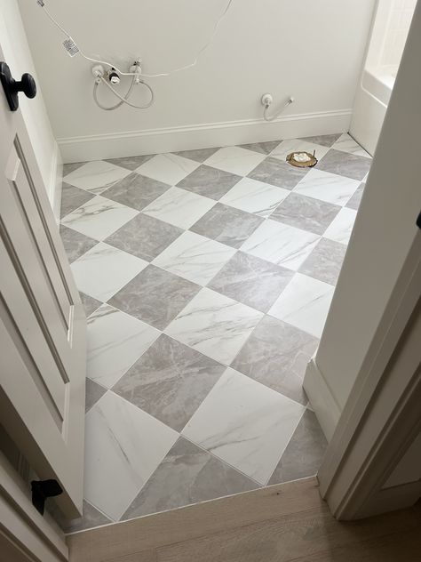 How to Install the Perfect Tile Checkered Floor - haus & hand Penny Tile Bathroom Floor With Border, Herringbone Tile Mudroom, Tile Floor In Bathroom, Floor Tiles Small Bathroom, Bathroom Floor Tile Checkered, Bathroom Tile Checkered, Bathroom With Checkerboard Floor, Black White Tile Kitchen Floor, Checkered Tile Mudroom