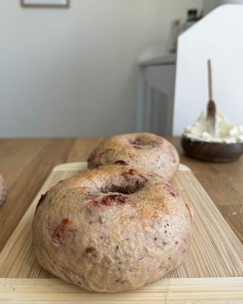 Strawberry Sourdough Bagels - Jesha's - Nothing's Better Than Sourdough Sourdough Strawberry Bagels, Cherry Sourdough Recipes, Pesto Bagel, Strawberry Bagels Sourdough, Jesha’s Bakery, Strawberry Sourdough Discard Recipes, Jesha Sourdough, Strawberry Bagels, Strawberry Sourdough Bagels