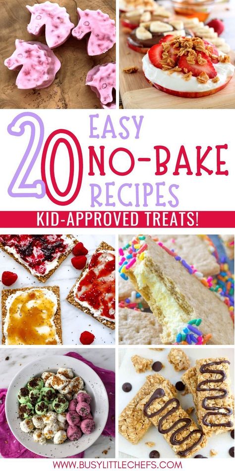 The best healthy no-bake recipes for kids! Easy no bake snacks eg peanut butter no bake cookies, no bake cheesecake, no bake oatmeal cookies & no bake energy balls. No bake desserts, after school snacks & quick easy 2 min snack recipes. Ripe banana no bake recipes for kids to make for party snacks. No cook appetizers for a party. No bake cookies with apples, oats, chocolate chips, brown sugar. No bake cookies without butter, milk or cocoa powder. No bake cookie recipes with 3 ingredients. Easy Snacks To Make Without Cooking, Quick No Bake Snacks, Snacks For Party No Bake, Cookies With Kids Easy, Classroom Cooking Ideas No Bake, Quick Homemade Snacks, Easy No Cook Snacks, No Bake Toddler Snacks, No Bake Cooking With Kids