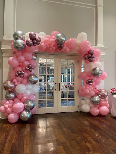 Pink White Silver Sweet 16, 21st Pink Dress, Silver And Pink Centerpieces, Sweet 16 Decorations Pink And Silver, Sweet 16 Pink White Gold, Pink And Silver Theme Party, Pink Sweet 16 Balloon Arch, Pink And Grey Sweet 16 Party, Pink Prom Decorations