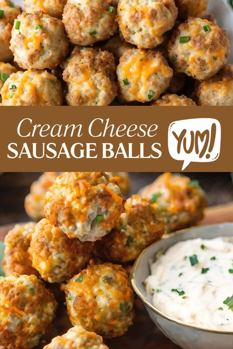 Cream Cheese Sausage Balls are bite-sized appetizers made with a mix of hot sausage, cream cheese, Bisquick, and shredded cheddar. Rolled into balls and baked, they offer a flavorful, slightly spicy snack perfect for parties or gatherings. Sausage Cheese Balls With Cream Cheese, Bisquick Sausage Balls With Cream Cheese, Sausage Balls With Cream Cheese Bisquick, Sausage Ball Casserole, Sausage Ball Dip, Sausage Balls With Dipping Sauce, Sausage Ball Recipe Bisquick, The Best Sausage Balls, Hot Sausage Appetizers