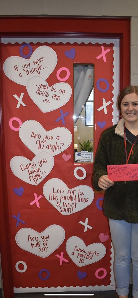 Middle School Valentine Bulletin Board, Heart Door Decorations Classroom, Math Valentine Bulletin Board, Classroom Valentines Decor, February Classroom Door Ideas, Valentine’s Day Classroom Door, Valentine’s Day Door Decorations For Classroom, Valentine Door Decorations For School, Valentine’s Day Bulletin Board