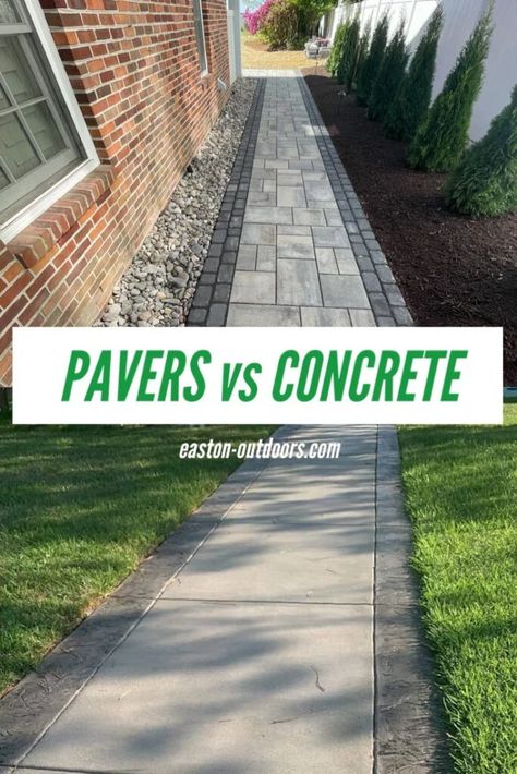 Paver Vs. Concrete Patio | What You Need to Know Concrete And Pavers, Large Concrete Pavers, Pavers Over Concrete, Concrete Pavers Walkway, Stamped Concrete Walkway, Poured Concrete Patio, Concrete Paver Patio, Concrete Backyard, Brick Paver Patio