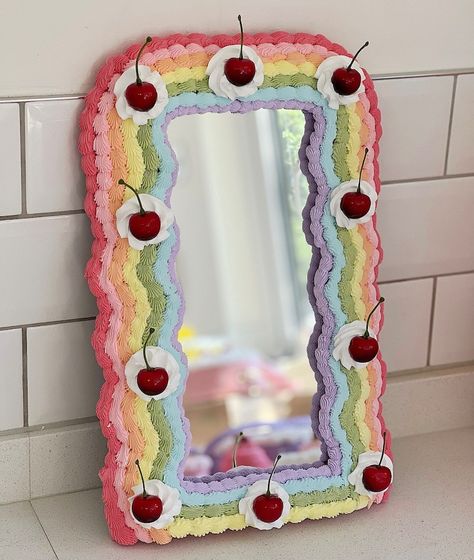 Fake Cake Mirror, Cake Mirror, Dream Bedroom Inspiration, Wavy Mirror, Big Mirror, Jewelry Box Diy, Fake Cake, Caking It Up, Rainbow Aesthetic