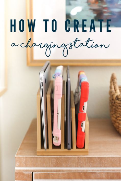 Our Family Charging Station Hidden Charging Station Ideas, Family Charging Station, Charging Station Ideas, Tablet Charging Station, Ipad Charging Station, Electronic Charging Station, School Paper Organization, Charging Station Organizer, Homework Room