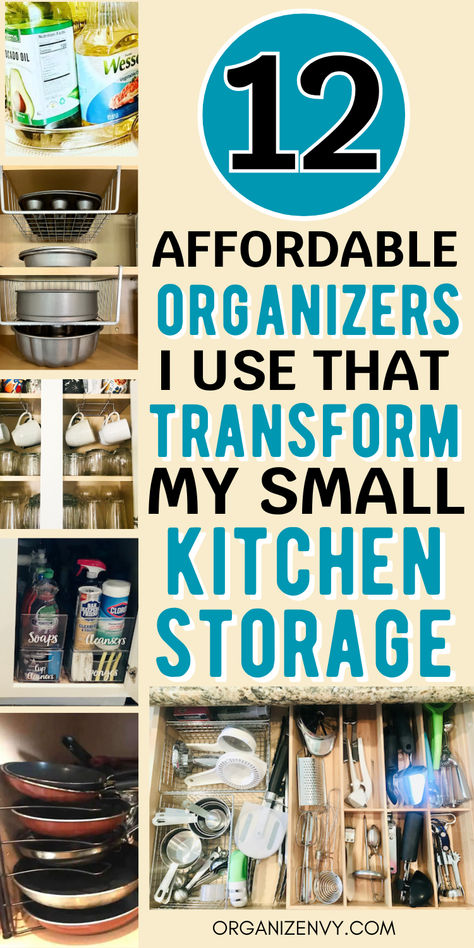 Collage of photos showing kitchen organizers in kitchen cabinets and drawers. Kitchen Pot Organization Ideas, Organization Ideas For The Home Kitchen Cabinets Small Spaces, Kitchen Organizers Cabinets, Kitchen Cabinet Organizers Ideas, Storage For Utensils, Pot Pan Storage Ideas, Organization Ideas For Cabinets, Ways To Store Pots And Pans, Small Kitchen Drawer Organization Ideas