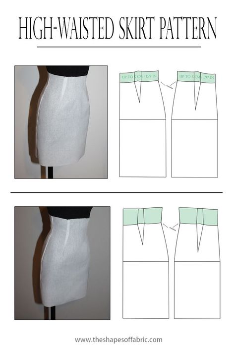 How to make a pattern for a high-waisted skirt. Learn more simple skirt pattern alterations at the link. #patternmaking High Waist Pencil Skirt Pattern, High West Skirt, Diy High Waisted Skirt, Pencil Skirt Pattern Sewing, High Waisted Skirt Pattern, Skirt Pattern Making, Fitted Skirt Pattern, Simple Skirt Pattern, High Waist Dress Pattern