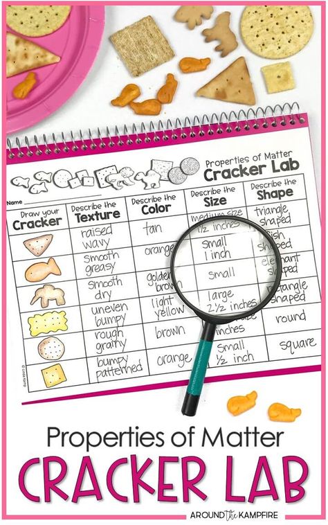 Properties of matter cracker lab activity for students learning to observe and describe matter. Ideal for 2nd grade science and NGSS Structure and Properties of Matter standards. #2ndgrade #3rdgrade #scienceactivities #ngss Properties Of Matter Science Experiment, Properties Of Matter 2nd Grade Activities, Property Of Matter Activities, Properties Of Matter 3rd Grade Science, Properties Of Matter 1st Grade, Matter Lessons 2nd Grade, Physical Properties Of Matter 3rd Grade, Science For 2nd Grade, Matter Experiments For Kids