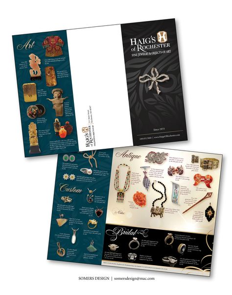 Brochure design (includes all photo clipping of images) for Haig's of Rochester #Design #Ad #Advertisement #Jewelry #Estate #Diamond #Art #Asian @Haig's of Rochester Fine Jewelry & Art #SomersDesign Brochures Ideas, Pamplet Design, Brochure Sample, Bamboo Jewelry, Advertising Logo, Thai Design, Print Collateral, Leaflet Design, All Photo