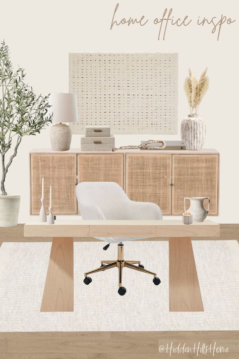 Neutral home office decor mood board with cozy neutral tones! Home office decor ideas with a modern organic style Decor Mood Board, Scandinavian Office, Modern Organic Home, Modern Office Decor, Corporate Office Design, Cozy Home Office, Office Room Decor, Cottage Charm, Contemporary Office