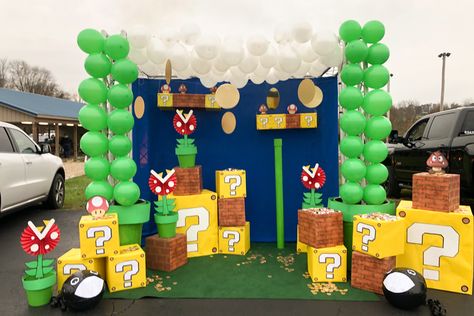 Trunk Or Treat Ideas Mario Kart, Super Mario Trick Or Trunk, Mario Kart Parade Float, Spooky Mario Bros, Mario Halloween Trunk Or Treat, Super Mario Bros Halloween Decorations, Mario Brothers Diy Decorations, Trunk Or Treat Super Mario Theme, Diy Mario Trunk Or Treat