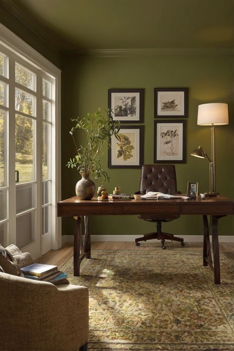 Step into the warm embrace of Ripe Olive (SW 6209) to bask in the earthy glow of the best wall paint color for 2024. Dive into this daily routine for interior designer inspiration. #Ad #homedecor #homedesign #trendgirlApartment #Painthome #interiorarchitecture Wall Colors Green Room Colors
Bright Room office Colors
Apartment Renovation
Home office Remodeling
Modern Paint Colors
2024 Olive Green Room Paint, Desk Same Color As Wall, Olive Green Study Room, Olive Green Office Walls, Cozy Green Paint Colors, Muted Green Accent Wall, Olive Wall Paint, Olive Green Study, Green Color Drenched Room