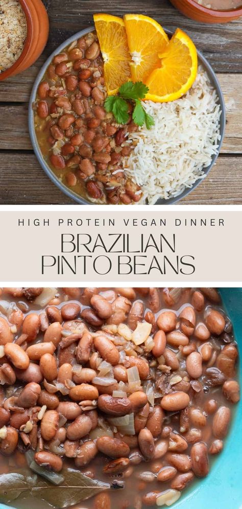 Dive into this high protein vegan recipe featuring Brazilian Rice and Beans! Perfect for a nutritious family dinner, it's easy to make in your Instant Pot. A delicious way to enjoy pinto beans with a Brazilian twist! Brazilian Beans Instant Pot, Bean Dinners Healthy, High Protein Beans And Rice, High Protein Vegan Bean Recipes, Brazilian Rice And Beans Recipe, Tri Bean Blend Recipes, Vegan Breakfast Skillet Recipes, Brazilian Rice And Beans, Brazilian Beans And Rice