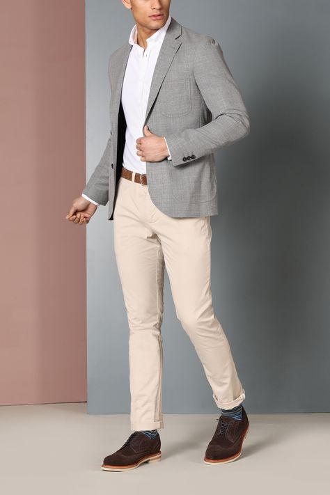 Grey Jacket & Beige Pants Gray Blazer Outfit Mens, Grey Jacket Outfit Men, Grey Blazer Outfit Men, Grey Blazer Mens, Grey Jacket Outfit, Beige Blazer Outfit, Grey Blazer Outfit, Beige Pants Outfit, Blazer Outfits Men