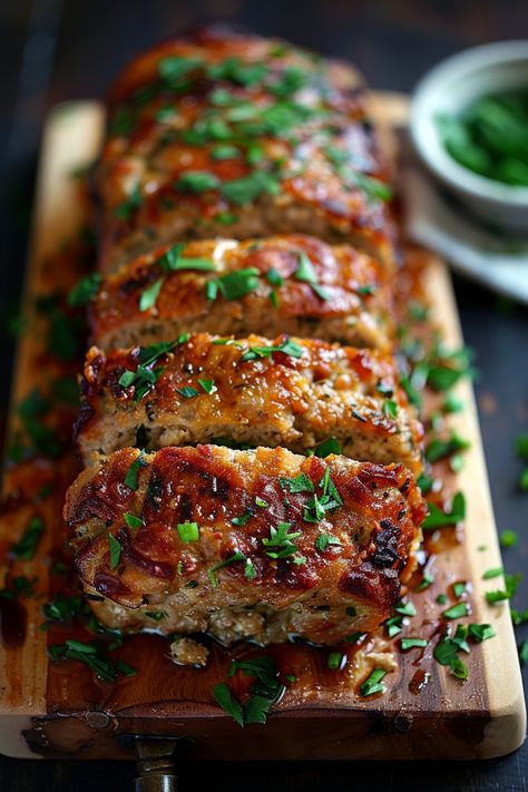 Slices of glazed meatloaf garnished with fresh herbs on a wooden cutting board. Turkey Ranch Meatloaf, Ground Turkey Oven Recipes, Meatloaf With Onion Soup Mix Lipton Ground Turkey, Dishes To Make With Ground Turkey, Ground Turkey Dishes For Dinner, Meals To Make With Turkey Meat, Dinner Idea Ground Turkey, Healthy Meals For The Whole Family, Clean Eating Ground Turkey Recipes