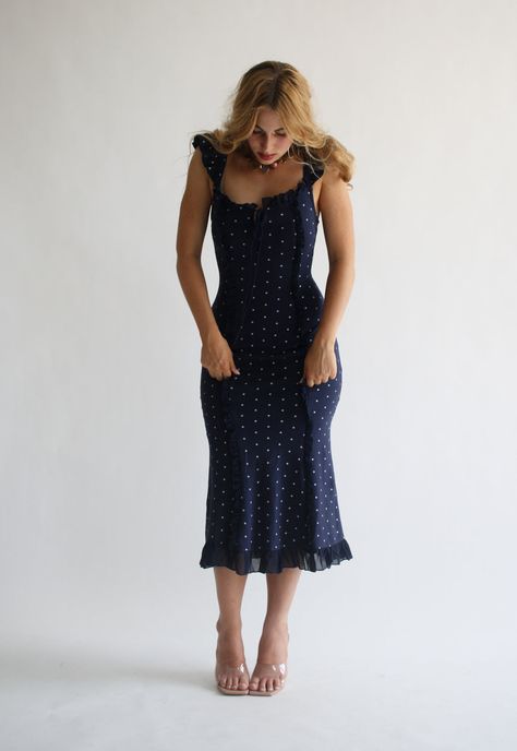 The Desirée Dress in Bardot – Wild Rose & Sparrow Collecting Seashells, Navy Polka Dot Dress, Navy Summer Dress, Holiday Party Dress, Corset Skirt, Lace Up Corset, Bustier Dress, Princess Seams, Chiffon Ruffle