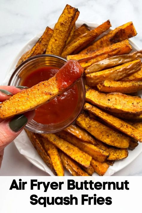 Air Fryer Butternut Squash Fries are easy to make, crispy and delicious. These fries are seasoned with chili powder, salt and pepper! Butter Nut Squash Air Fryer Recipes, Butternut Squash In The Air Fryer, Acorn Squash Fries Air Fryer, Air Fryer Veggie Fries, Roasted Butternut Squash Air Fryer, Air Fried Butternut Squash, Crispy Butternut Squash Fries, Butternut Squash Air Fryer Recipes, Butternut Squash Airfryer