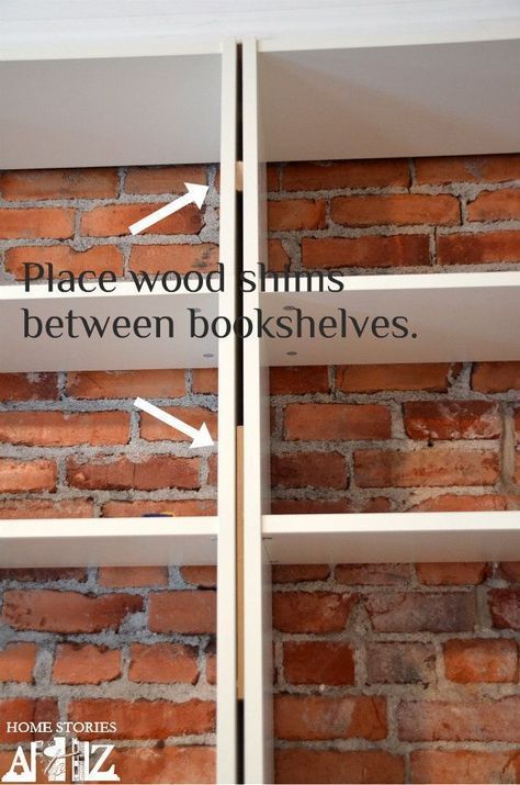 How To Attach Shelves To Walls, Billy Bookcase Hack Half Wall, Bookshelf On Brick Wall, How To Connect Billy Bookcases, Trim On Bookshelves, Brick Wall Bookshelves, Billy Bookcase Extension Hack, Home Library Colors, Book Shelf Ideas Apartment