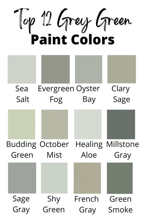 grey green family-sea salt, evergreen fog, oyster bay, clary sage, budding green, october mist, healing aloe, millstone, sage gray, shy green, french gray, green smoke Green Grey Paint Color Behr, Behr Flagstaff Green, Best Grey Green Exterior Paint Colors, Green Paint That Goes With Gray, Gray Floors Green Walls, Tan With Green Undertones, Green And Grey Laundry Room, Sw Green Gray Paint Colors, Best Gray Green Paint Colors