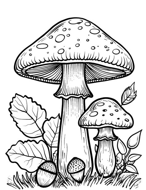 Autumn Mushrooms and Acorns: Mushrooms mixed with acorns and autumn leaves on the forest floor. (Free Printable Coloring Page for Kids) Printable Mushroom Coloring Page, Cute Pumpkin Coloring Pages, Mushroom Clipart Black And White, Free Mushroom Printables, Free Autumn Coloring Pages, Mushroom Coloring Pages Free Printable, Free Printable Coloring Pages For Adults, Color Pages Free Printable, Free Autumn Printables