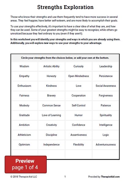 Strengths Exploration (Worksheet) | Therapist Aid Strengths Based Therapy, Strengths Based Therapy Activities, Strength Based Therapy Activities, Peer Counseling, Clinical Counseling, Family Therapy Activities, Crisis Response, Psychology Tools, Forest Therapy