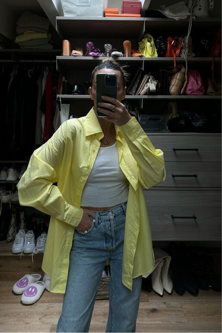 This Shop Tan Lines yellow button up shirt is my new favorite spring/summer item. I linked it along with this whole outfit on my LTK page. | outfit, style, looks, favorites, shirt, button up Yellow Shirts Women, Lined Shirt Outfit, Yellow Button Down Outfit, How To Style A Yellow Shirt, Yellow Shirt Outfit Aesthetic, How To Style Yellow Shirt, Yellow Button Up, Yellow Shirt Outfit Women Casual, Light Yellow Shirt Outfit