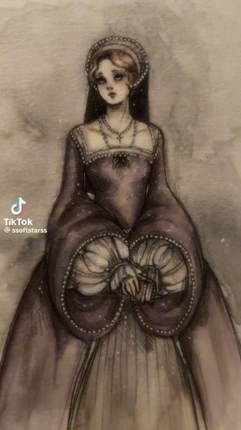 The Tudors Fan Art, Tudor Fashion Aesthetic, Tudor Paintings, Medieval Dress Art, Elizabethan Era Aesthetic, Anne Boleyn Drawing, Anne Boleyn Art, Tudor Era Aesthetic, Katherine Howard Fanart