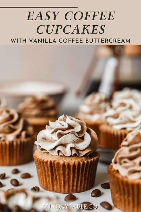 These homemade coffee cupcakes with vanilla coffee buttercream are fluffy, moist, & easy to make from scratch! With instant espresso, they're full of coffee flavor. After they're baked, the espresso cupcakes are topped with a swirled frosting. But you can try other decorating ideas too. The buttercream frosting is the best ever - light, fluffy, & not too sweet! Try filling these cupcakes with chocolate ganache or caramel sauce, or make them gluten free with a flour replacement. Beyond delicious! Vanilla Filling For Cupcakes, Coffee Cupcake Ideas, Coffee Cupcake Design, Mocha Cupcakes With Espresso Buttercream, Coffee Flavored Cupcakes, Coffee Cupcakes Recipe, Espresso Martini Cupcakes, Coffee Themed Cupcakes, Coffee Cupcake Recipes