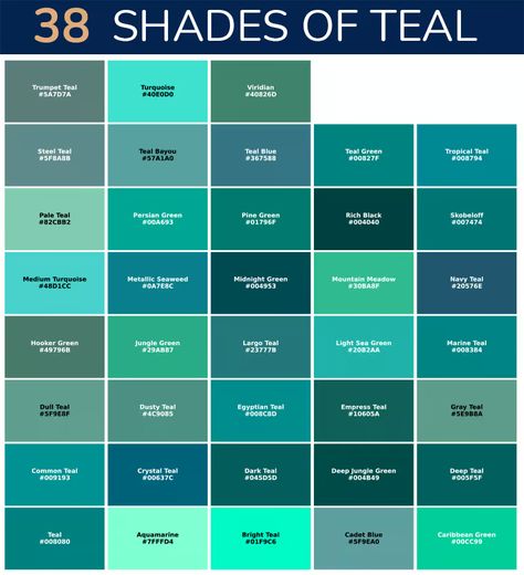 38 Shades of Teal Color - Get Inspired by These Tones Turquoise Teal Color Palette, Light Teal Color Palette, Shades Of Teal Color Palettes, Dark Teal Wedding Colors, Blue Teal Color Palette, Blue Green Color Names, Dark Teal Color Palette, Yellow Orange Color Palette, Types Of Blue Colour