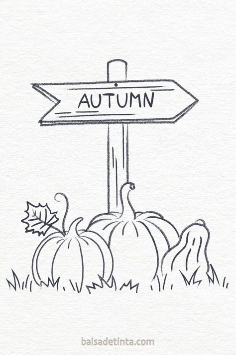 Señal que indica "AUTUMN" con calabazas alrededor. Autumn Drawing Ideas Pencil, Fall Sketches Easy, Fall Drawing Ideas Pencil, Fall Doodles Easy, Autumn Drawing Pencil, Halloween Pencil Drawings, Whiteboard Art Ideas, Fall Doodles Autumn, Fall Whiteboard Art