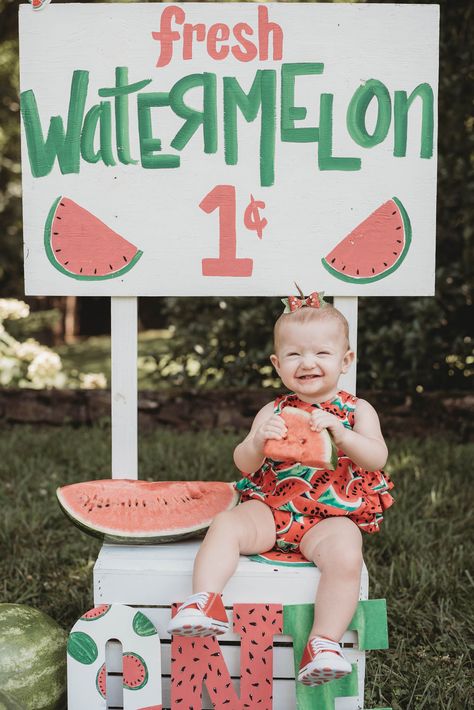 Watermelon Birthday Party Theme, Watermelon First Birthday, One In A Melon Birthday, Watermelon Birthday Parties, First Birthday Girl, 1st Birthday Party For Girls, Fruit Birthday, First Birthday Pictures, Watermelon Birthday