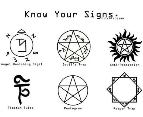 Hmm don't think I'm quite obsessed with Supernatural enough to get a tattoo but these would make a few good ones Supernatural Signs, Bobby Singer, Ghost Whisperer, Supernatural Memes, Supernatural Fans, Supernatural Funny, Odaiba, The Supernatural, Jrr Tolkien