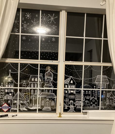 Chalk Paint On Windows Christmas, Christmas Window Houses, Christmas Chalk Window Designs, Christmas Window Home, Window Chalk Ideas, Christmas Windows Drawings, Christmas Window Chalk Pen, Christmas Village Window Painting, Christmas Window Displays Retail Store Fronts