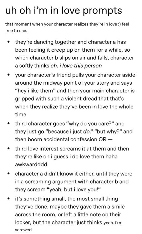 Dating A Bookworm, One Sided Pining Prompts, Romance Tropes Ideas, Writing Prompts Conflict, Prompts For Couples Who Aren't Together Yet, Character Scenarios Drawing, How To Write Love At First Sight, How To Hint Romance Between Characters, Story Prompts Romance Enemies To Lovers