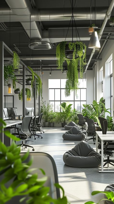 Green Office Space: A modern office space filled with green plants, creating a tranquil and productive workspace environment. #office #plants #modern #greenery #workspace #contemporary #natural light #tranquil #aiart #aiphoto #stockcake https://ayr.app/l/smem Green Coworking Space, Modern Workspace Office, Industrial Workspace Design, Workspace With Plants, Cowork Space Design, Green Office Interior Design, Office With Plants Interiors, Company Design Office, Workspace Ideas Office