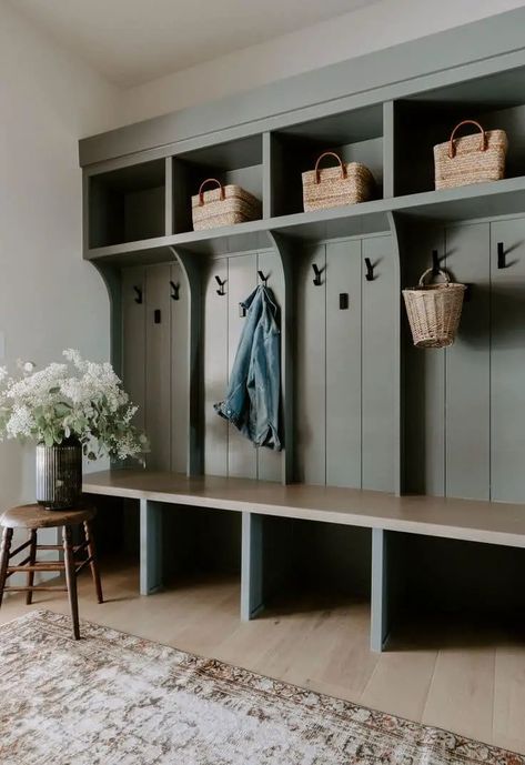 Mudroom Bench Dimensions: What You Need to Know Green Boot Room Ideas, Built In Mudroom Bench Entryway, Mudroom Open Shelving, Mud Room Build In, Built In Mudroom Lockers With Bench, Green Mudroom Bench, Utility Room Built Ins, Mudroom Basement Entrance, Mud Room Shoe Shelf